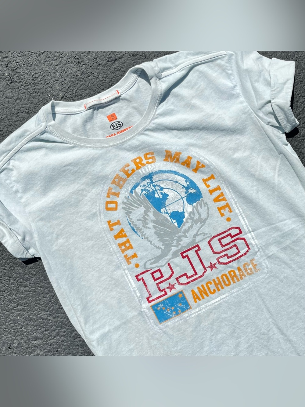 Parajumpers P.J.S Light Blue Women’s Graphic Tee with Orange Red Print Size S